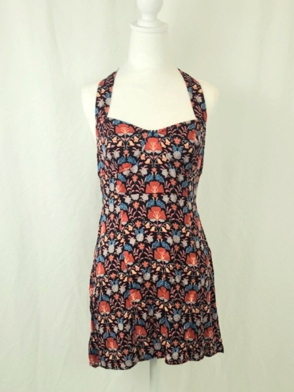 Free People Sasha Mini Dress HALTER TIE Black Combo Art Nouveau Floral Print - Picture 7 of 13